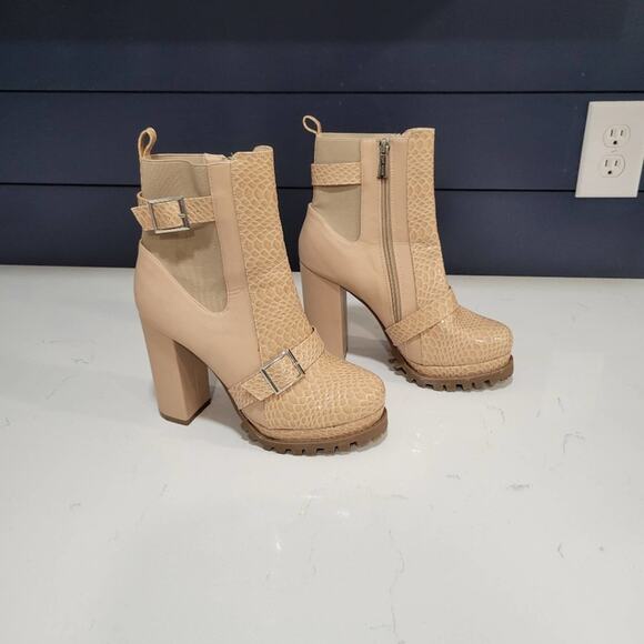 Cape Robbin Garnet Nude Heeled Booties with buckles and Snakeskin look S… - Picture 2 of 14